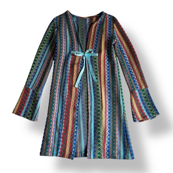 Vintage Psychedelic Knit Duster Cardigan Rainbow ZigZag Stripe Bell Sleeve XS-S‎ - Picture 1 of 4